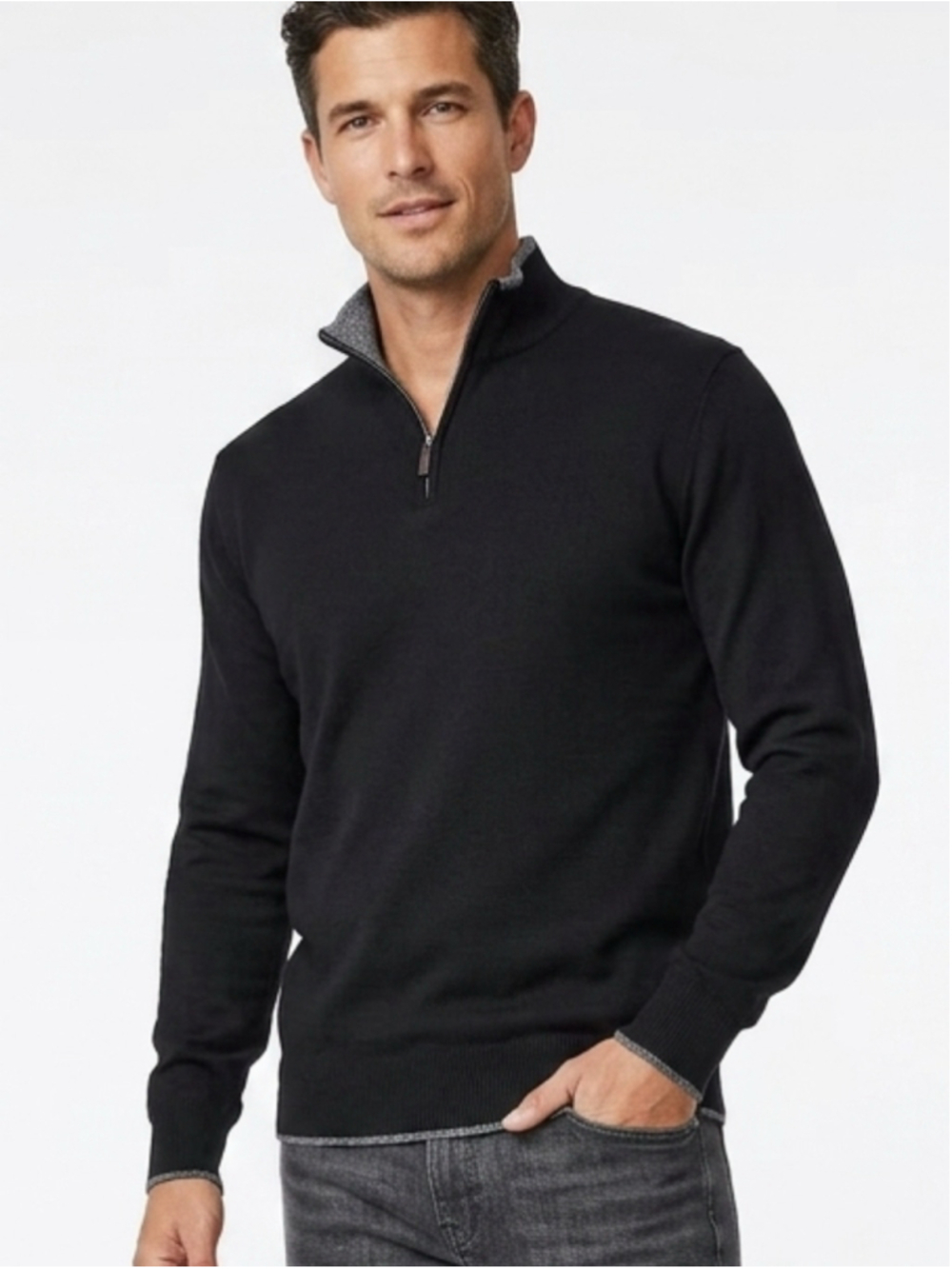 Men's Sugar Quarter Zip Up Sweater Size M Black and Grey Contrast Trim - 665